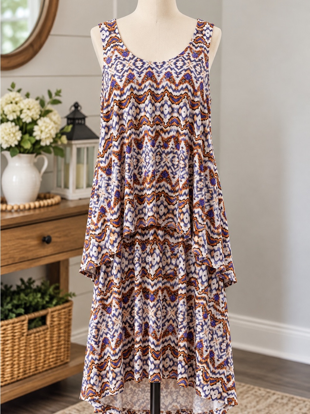 Kenar Sleeveless Printed Midi Dress in White, Blue & Brown